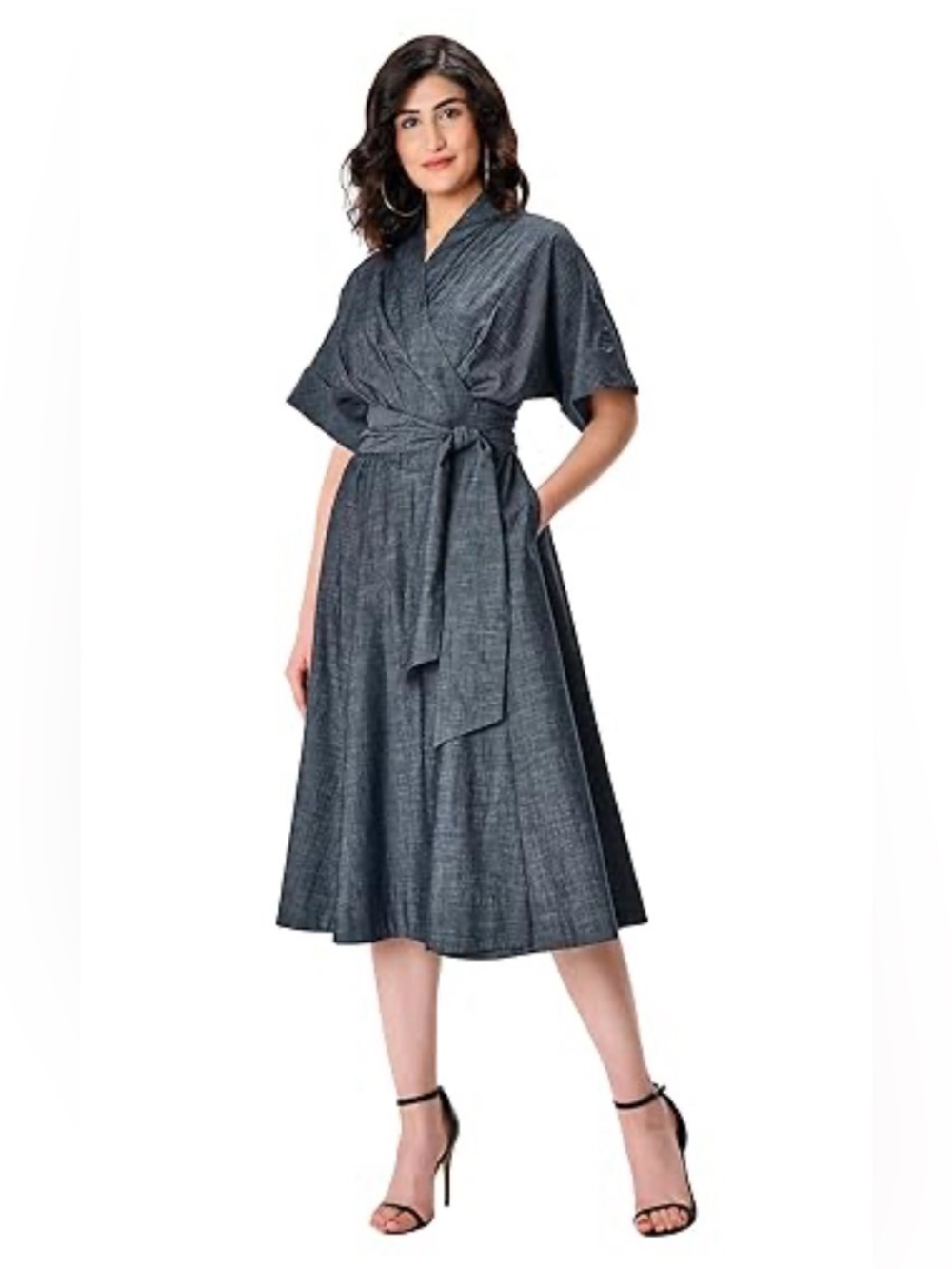 WAYWARD FANCIES Indigo Chambray Cotton Pleated Wrap Dress - M (8)